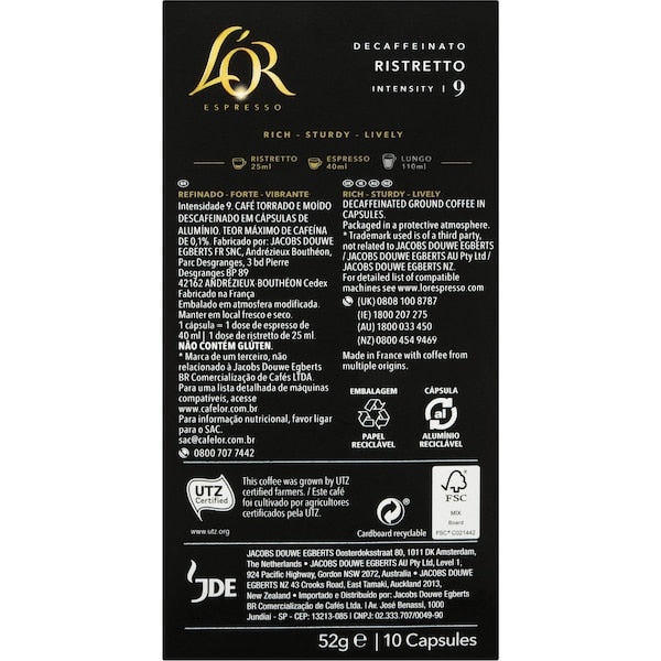 L'or Espresso Decaf Ristretto Intensity 9 Coffee Capsules 50 Pack