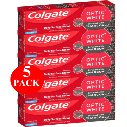 5 x Colgate Teeth Whitening Toothpaste Optic White With Charcoal 100g